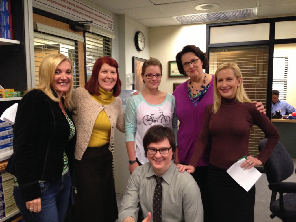 Meredith Palmer (Kate Flannery), Phyllis Vance (Phyllis Smith), Angela Martin (Angela Kinsey) and Clark Duke on the set of "The Office"