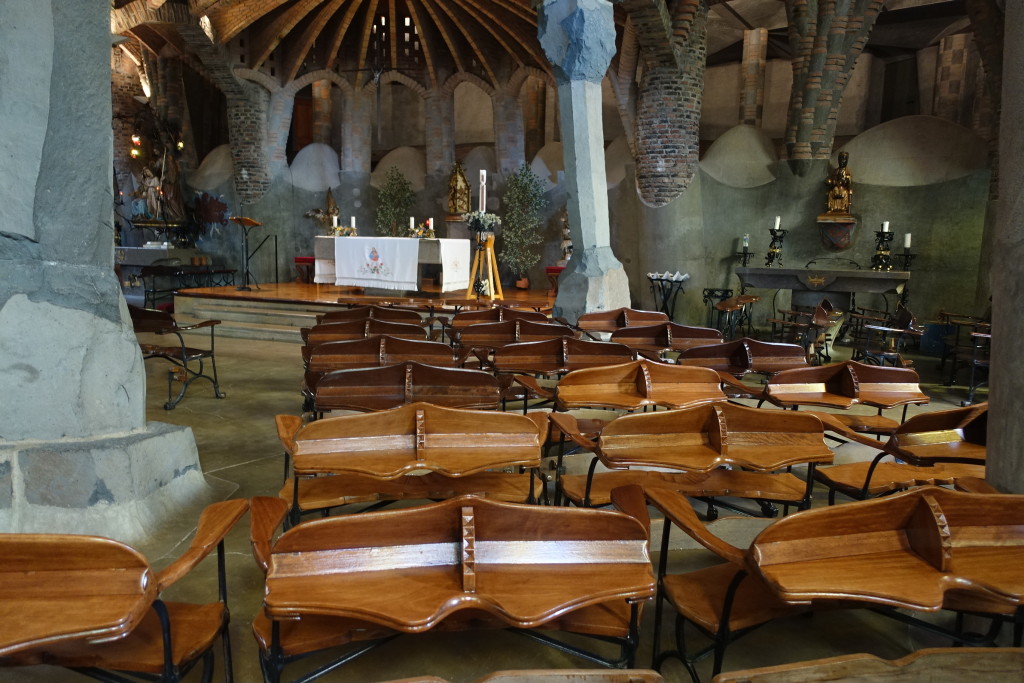 Gaudi's Cryst Ergonomic Benches facing the altar - Colonial Guell