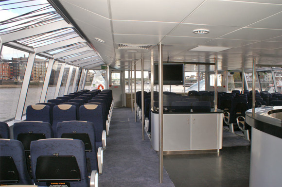 Inside the Thames Clipper river bus with comfortable seating