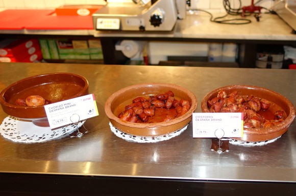 Samples of chorizos at Despaña Fine Foods & Tapas Café Soho 