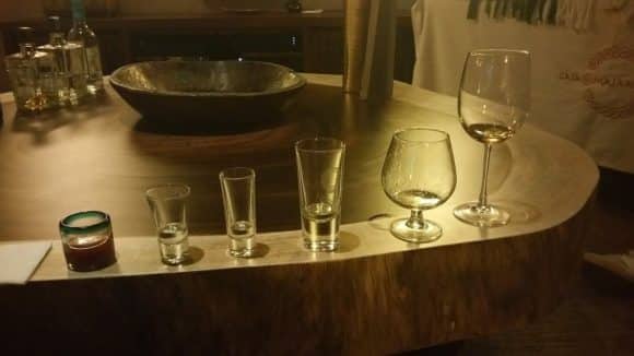 Five different tequilas and a tomato chaser 
