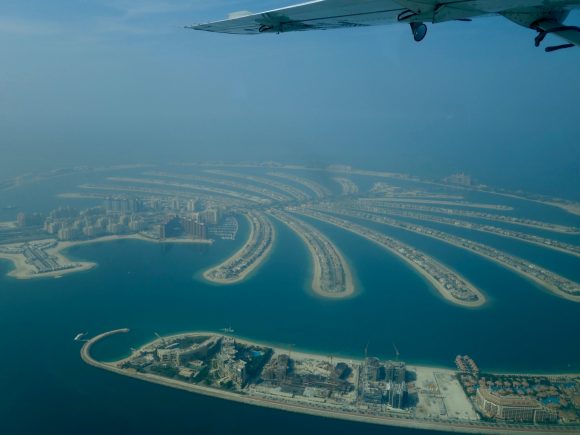 A view of the Palm Jumeirah the artificial archipelago islands in Dubai 