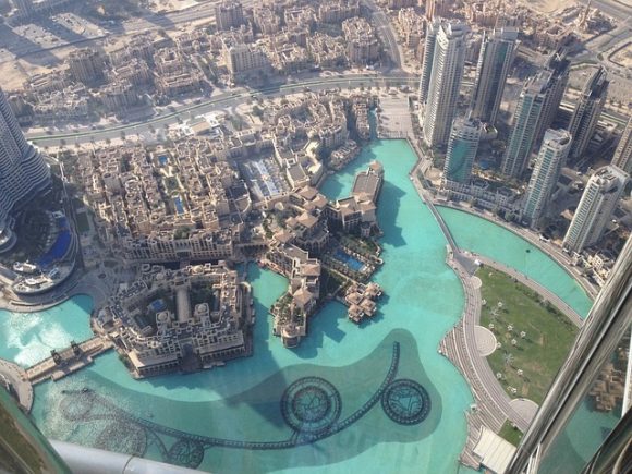The view of the fountains below from the 148th floor of the Burj Khalifa 