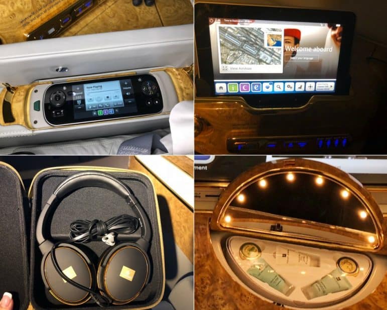 Emirates First Class - Headsets, Controls, and Vanity Mirror 