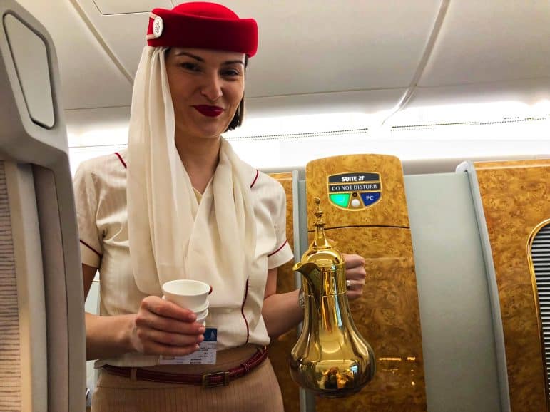Emirates Flight Attendant Flying Arabic Coffee in First Class 