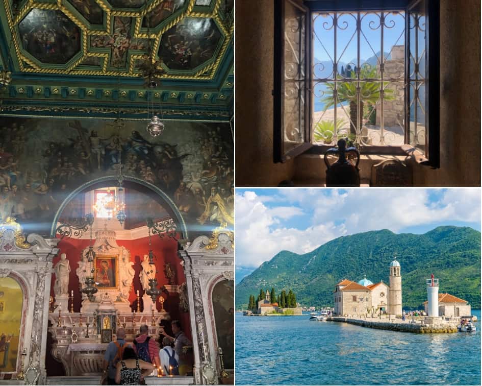 Inside Our Lady of the Rocks, and view of Bay of Kotor, Montenegro